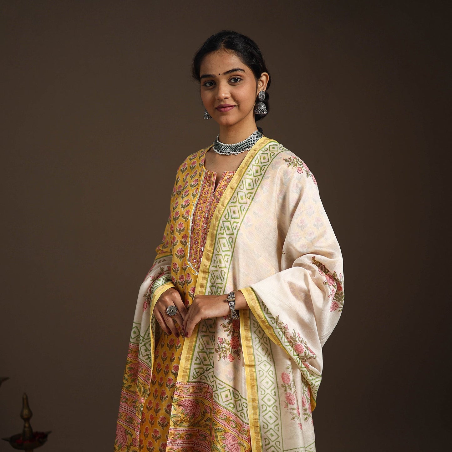Yellow - gota work chanderi silk sanganeri kurta set (set
