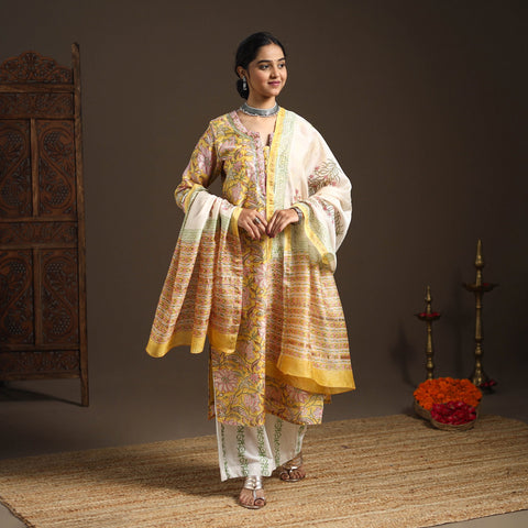 Yellow - gota work chanderi silk sanganeri kurta set (set