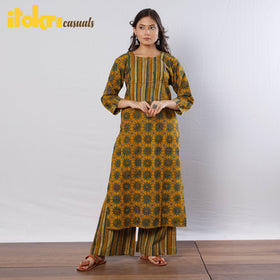  Yellow Green Flowers Ajrakh Block Printed Kurta with Palazzo Set 