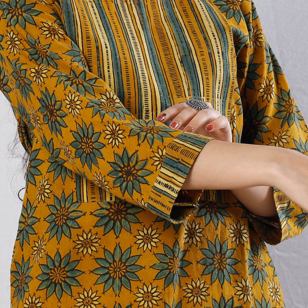  Yellow Green Flowers Ajrakh Block Printed Kurta with Palazzo Set 