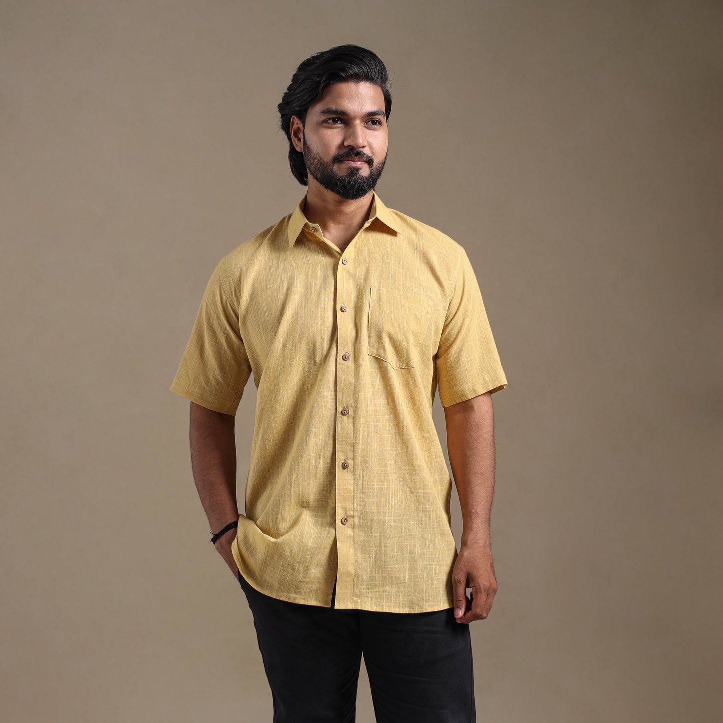 Yellow - half sleeve slub cotton men plain shirt 06