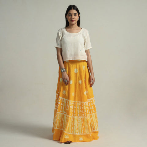 Yellow Hand Batik Printed Running Stitch Cotton Long Skirt 