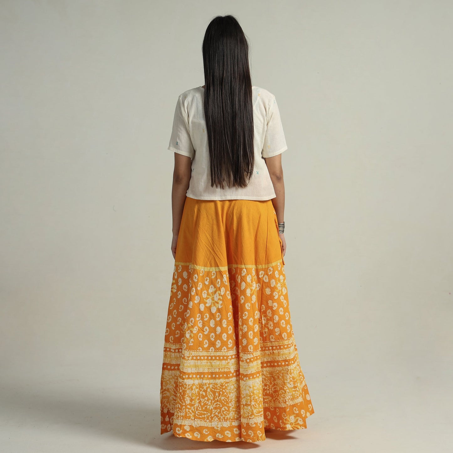 Yellow Hand Batik Printed Running Stitch Cotton Long Skirt 