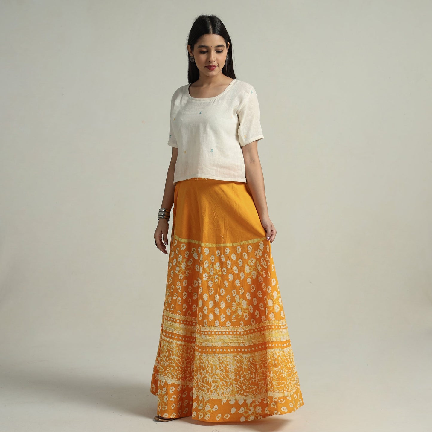 Yellow Hand Batik Printed Running Stitch Cotton Long Skirt 