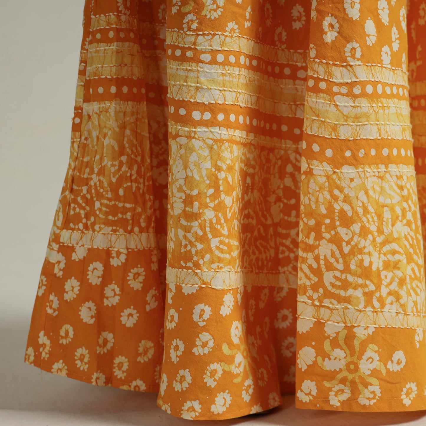 Yellow Hand Batik Printed Running Stitch Cotton Long Skirt 