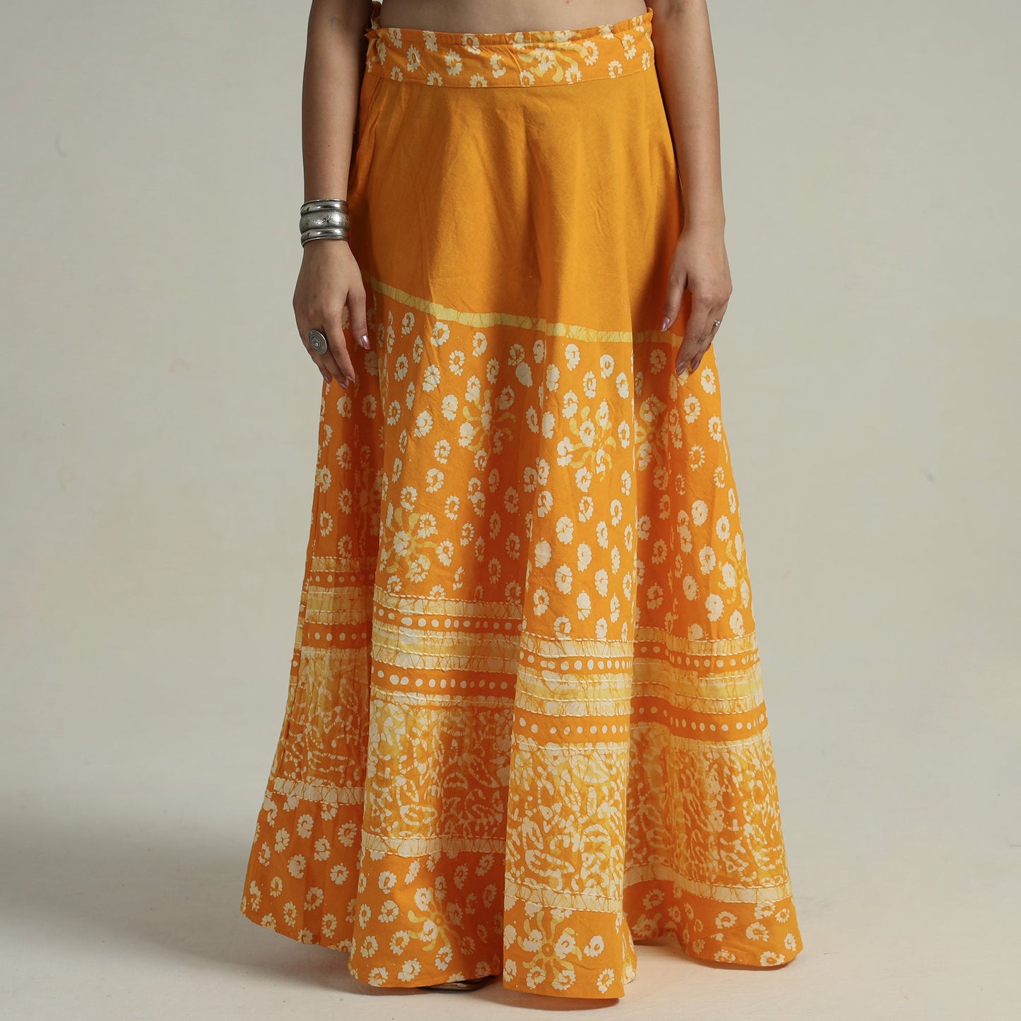 Yellow Hand Batik Printed Running Stitch Cotton Long Skirt 