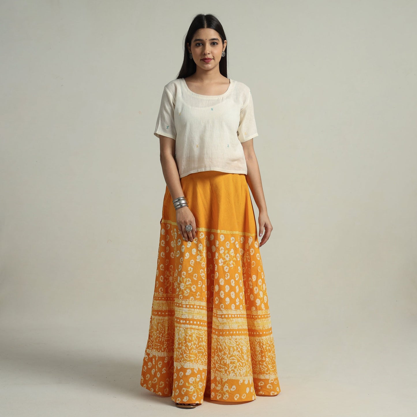 Yellow Hand Batik Printed Running Stitch Cotton Long Skirt 