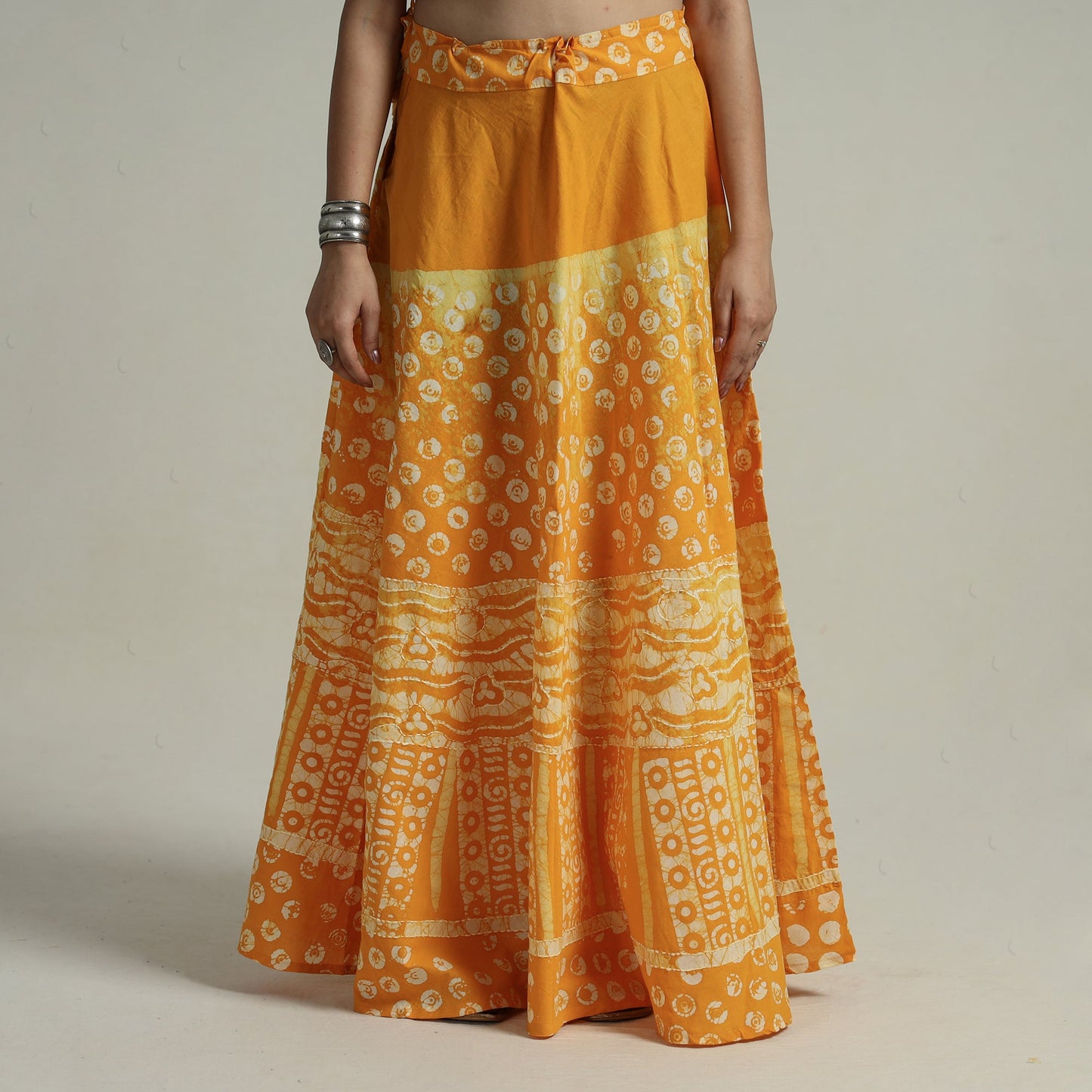 Yellow Hand Batik Printed Running Stitch Cotton Long Skirt 