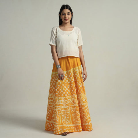 Yellow Hand Batik Printed Running Stitch Cotton Long Skirt 