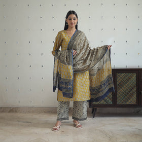 Buy Yellow Hand Block Bagru Print Chanderi Silk Kurta Set