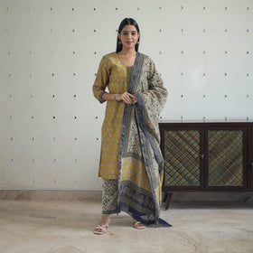 Buy Yellow Hand Block Bagru Print Chanderi Silk Kurta Set