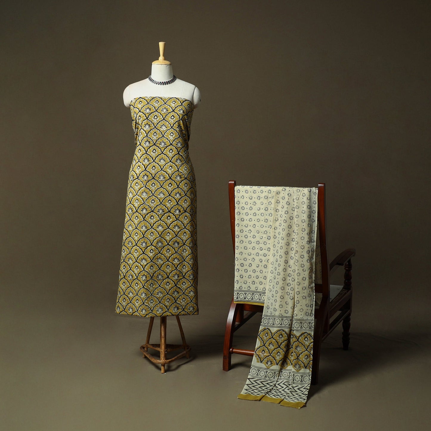Hand block bagru print cotton 3pc unstitched dress material