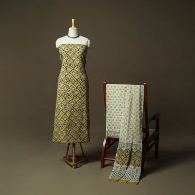 Hand block bagru print cotton 3pc unstitched dress material