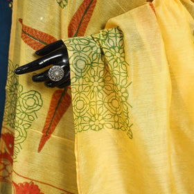 Yellow Block Print Chanderi Silk Sanganeri Floral Dupatta