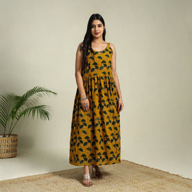 Buy Yellow Hand Block Print Cotton Flared Ajrakh Dress