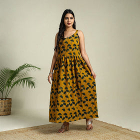 Buy Yellow Hand Block Print Cotton Flared Ajrakh Dress