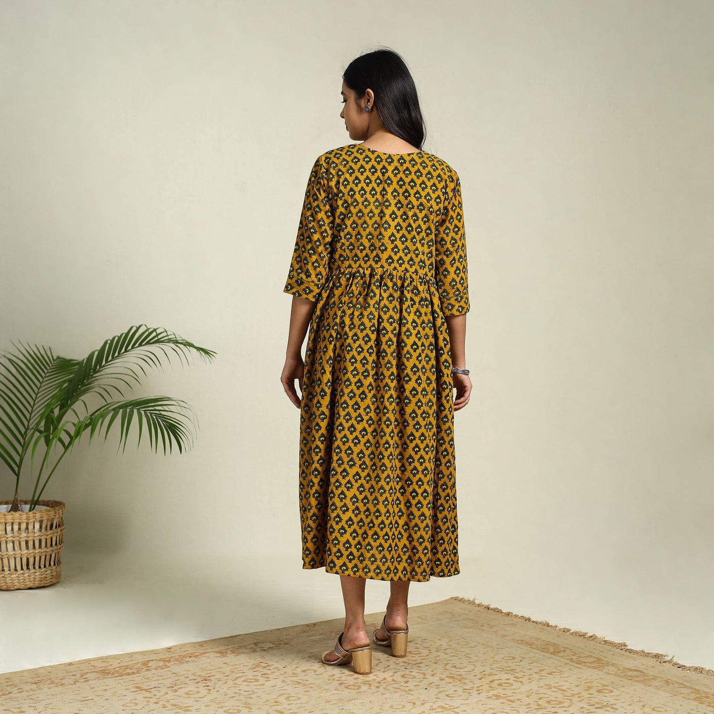 Buy Yellow Hand Block Print Cotton Flared Ajrakh Dress