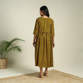 Buy Yellow Hand Block Print Cotton Flared Ajrakh Dress