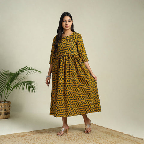 Buy Yellow Hand Block Print Cotton Flared Ajrakh Dress