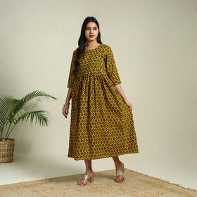Buy Yellow Hand Block Print Cotton Flared Ajrakh Dress