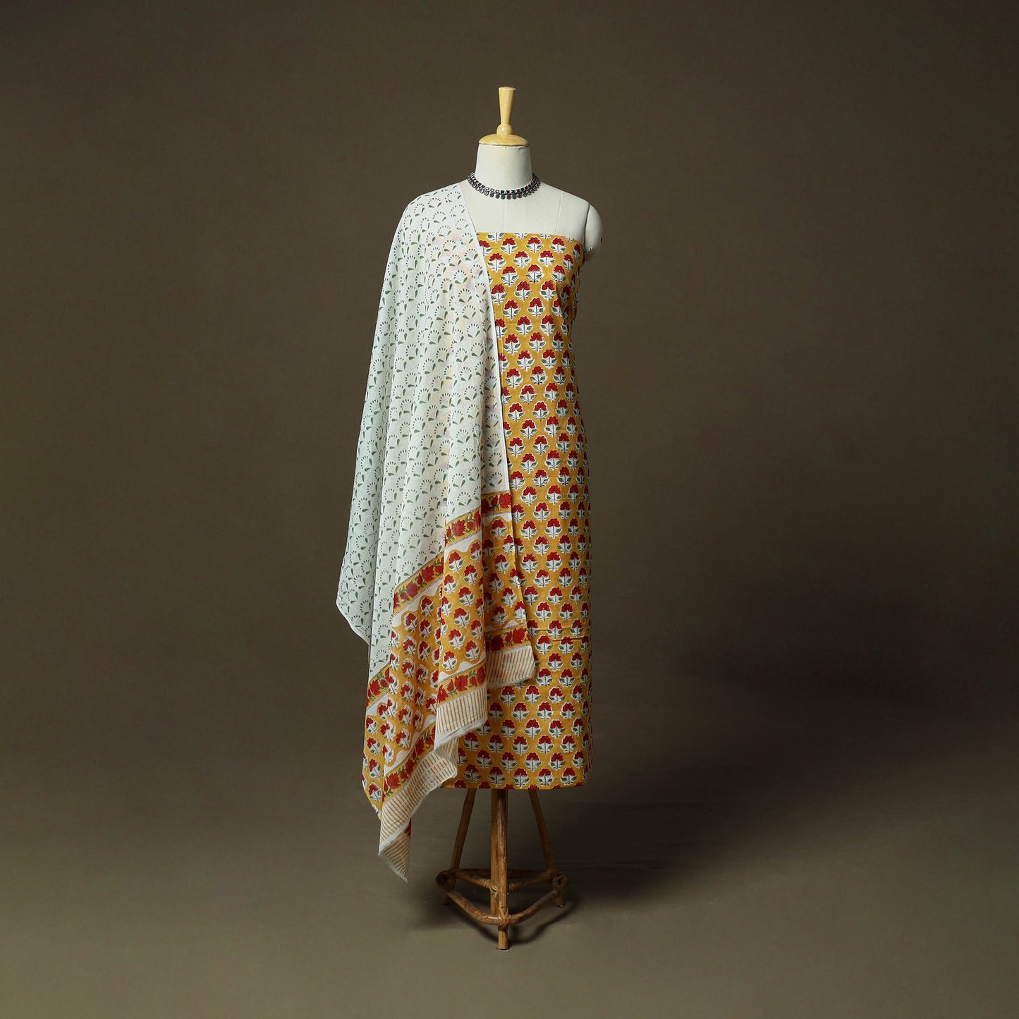 Hand block print cotton sanganeri 3pc unstitched dress