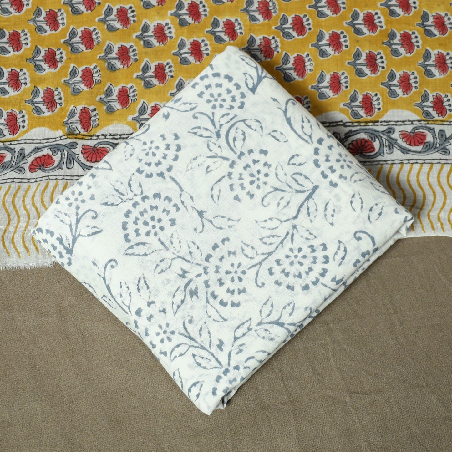 Hand block print cotton sanganeri 3pc unstitched dress