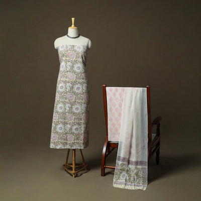 Hand block print cotton sanganeri 3pc unstitched dress