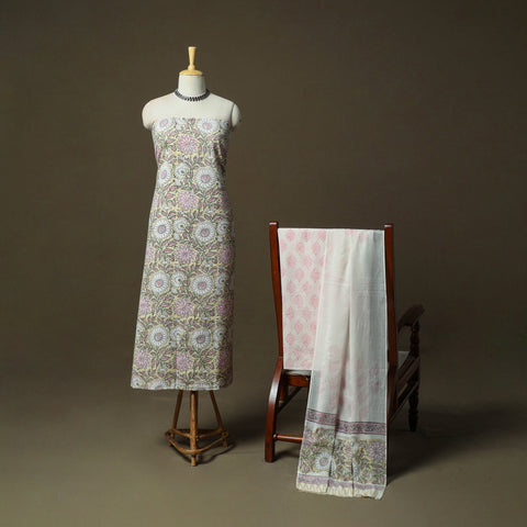 Hand block print cotton sanganeri 3pc unstitched dress