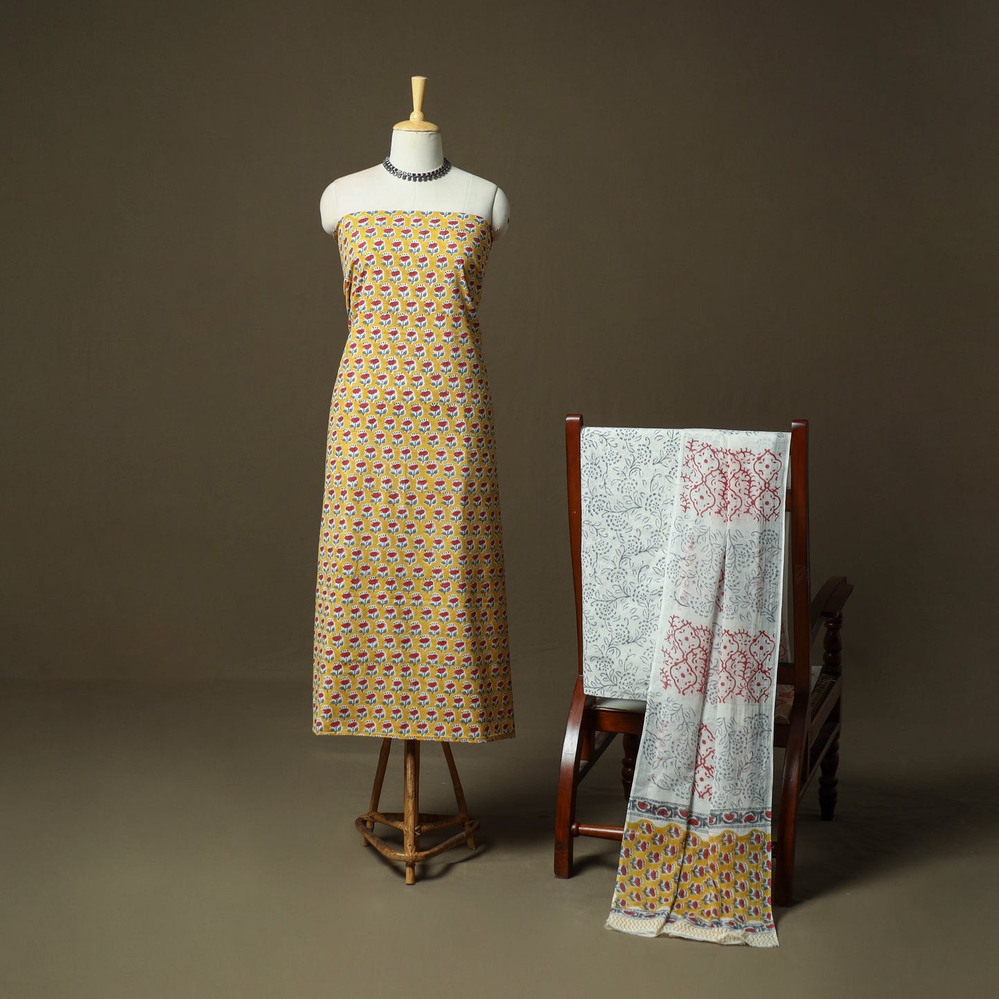 Hand block print cotton sanganeri 3pc unstitched dress
