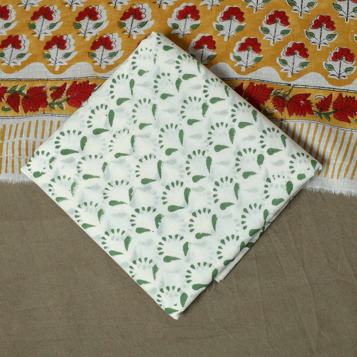 Hand block print cotton sanganeri 3pc unstitched dress