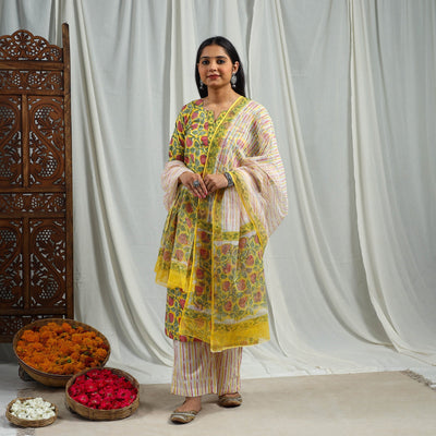  Yellow Block Print Cotton Sanganeri Kurta Set