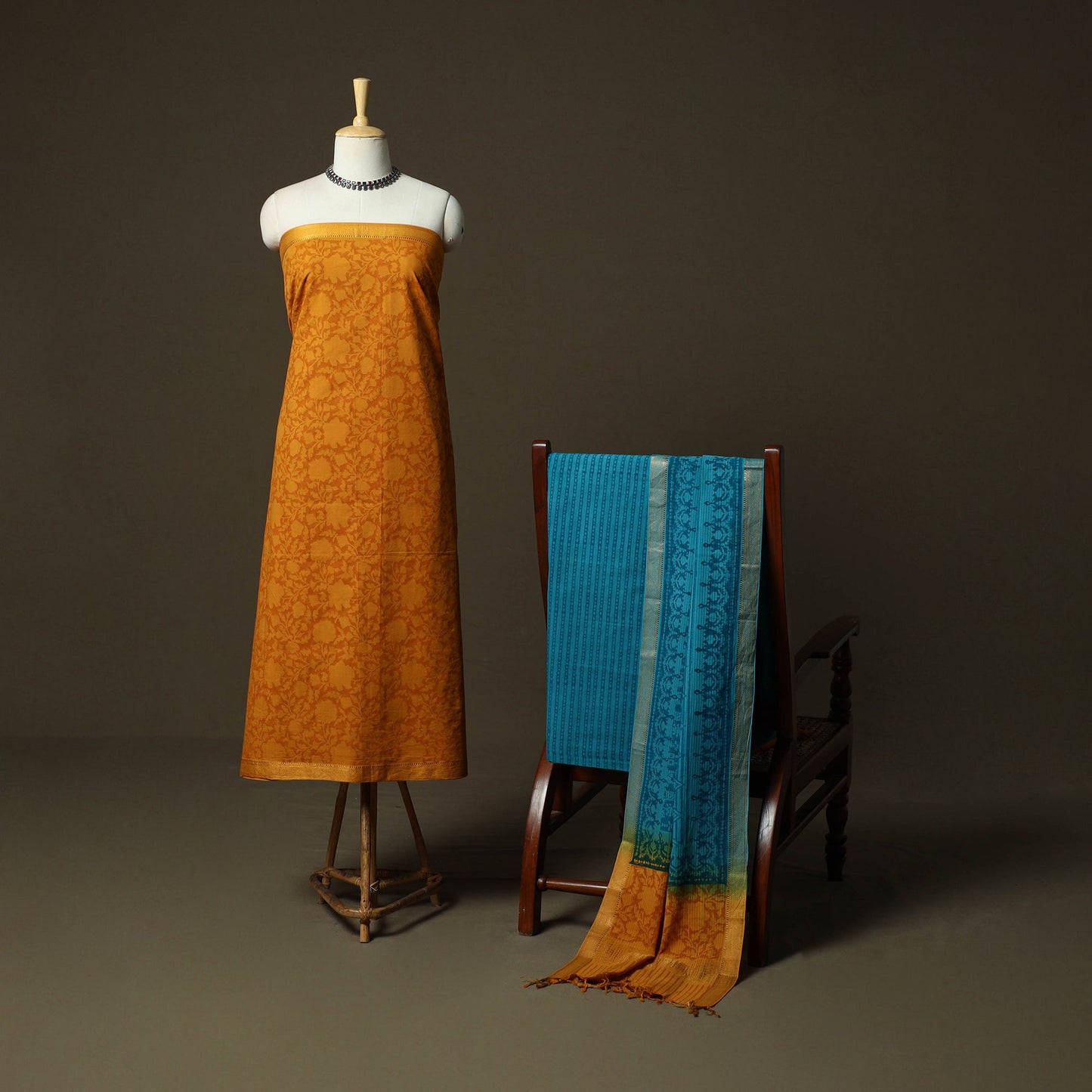 Hand block print mangalagiri cotton 3pc unstitched dress