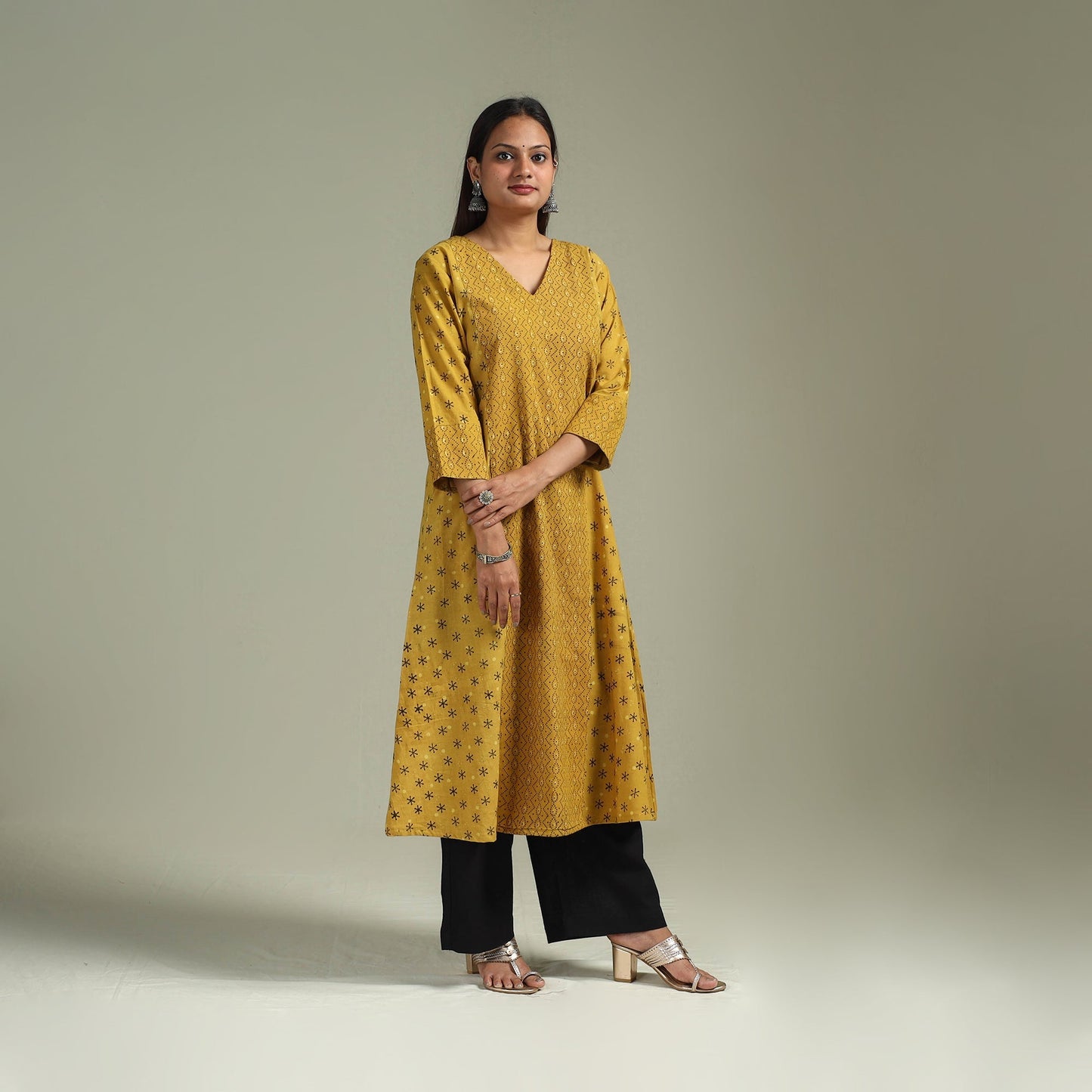 Hand block print natural dyed cotton a-line ajrakh kurta
