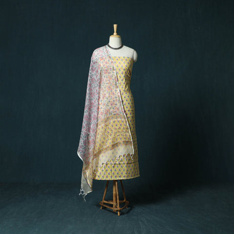 Hand block print sanganeri cotton 3pc unstitched dress