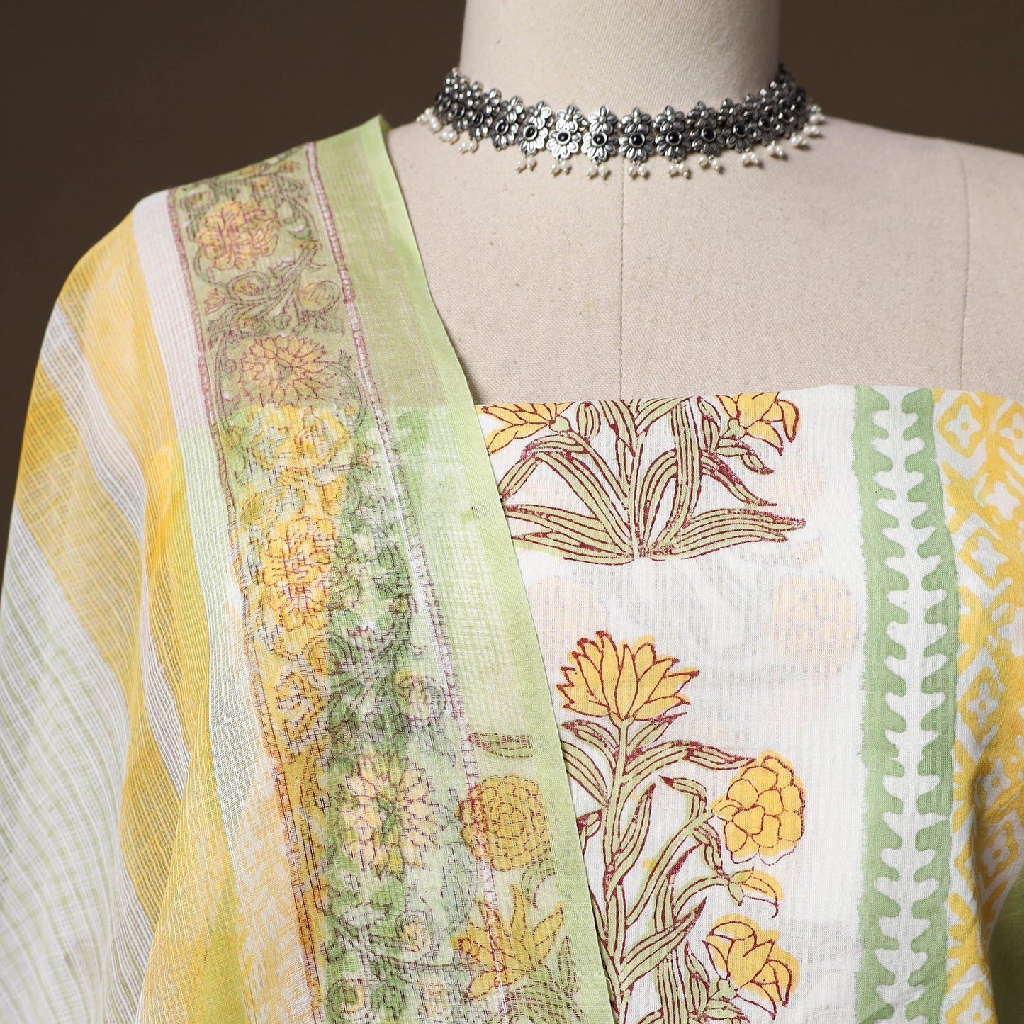 Hand block print sanganeri cotton 3pc unstitched dress