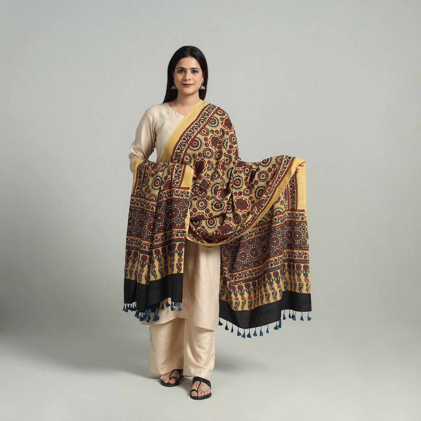 Yellow - hand printed cotton dupatta 08 - handcrafted