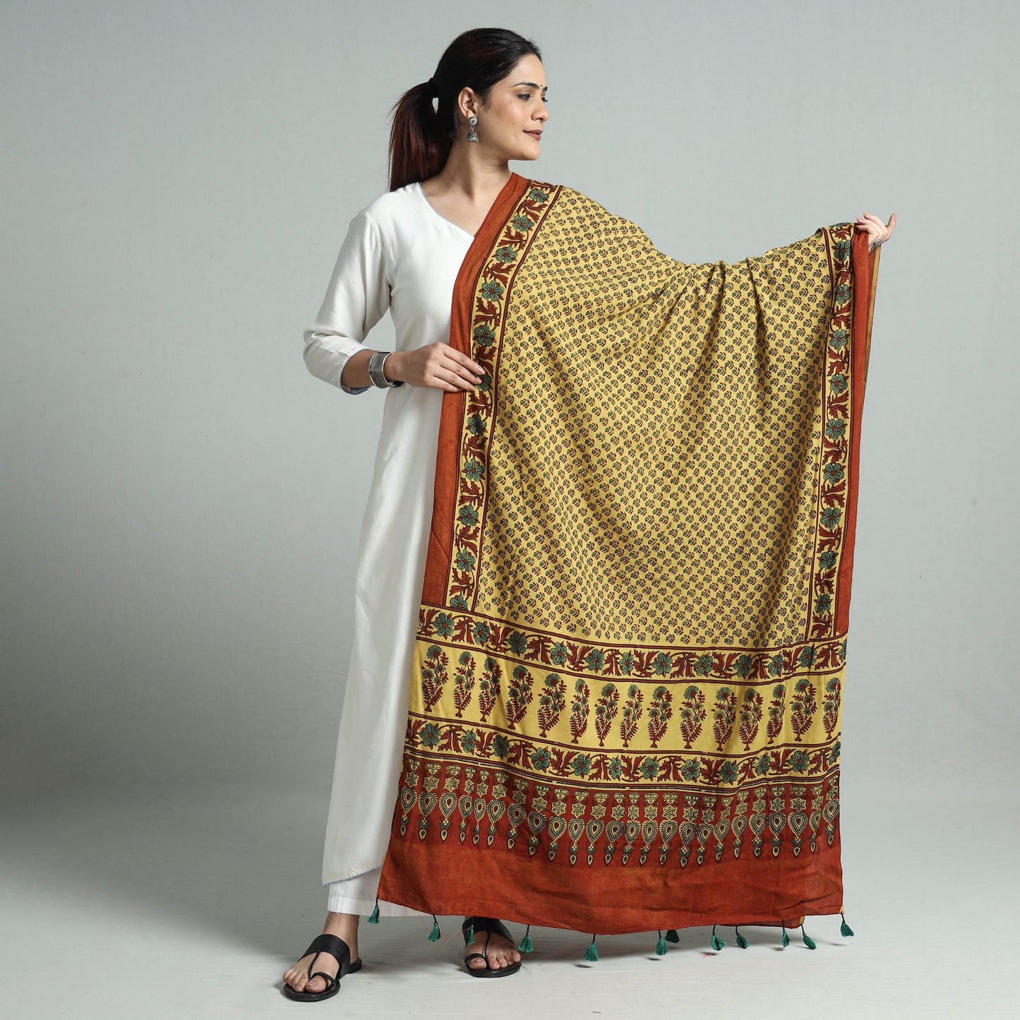 Yellow - hand printed cotton dupatta 19 - handcrafted
