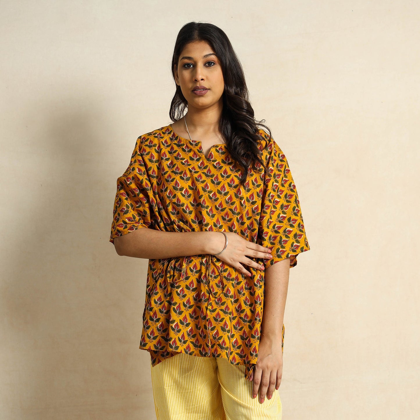 Yellow - Hand Block Printed Cotton Kaftan & Pyjama Night Suit Set