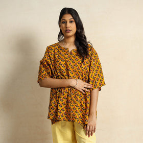 Yellow - Hand Block Printed Cotton Kaftan & Pyjama Night Suit Set