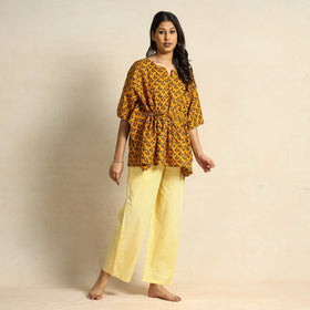 Yellow - Hand Block Printed Cotton Kaftan & Pyjama Night Suit Set