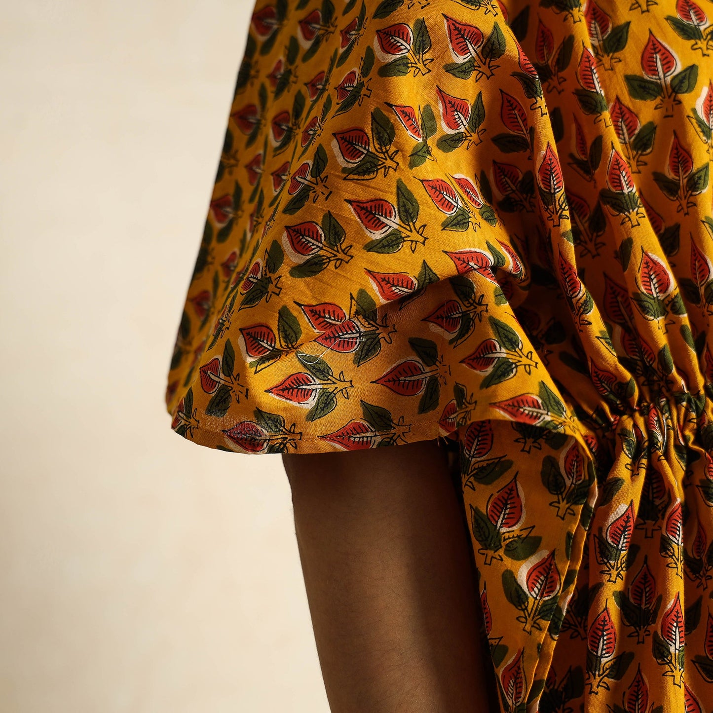 Yellow - Hand Block Printed Cotton Kaftan & Pyjama Night Suit Set