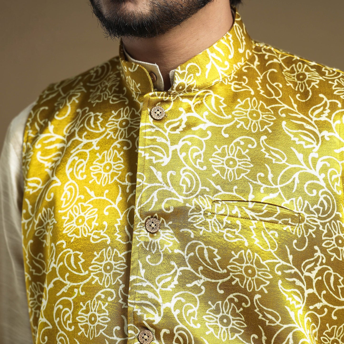 Yellow - hand printed mashru silk nehru jacket - handcrafted