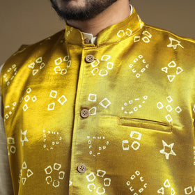 Yellow - hand printed mashru silk nehru jacket - handcrafted