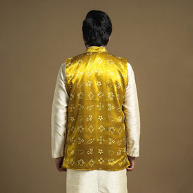 Yellow - hand printed mashru silk nehru jacket - handcrafted