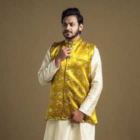 Yellow - hand printed mashru silk nehru jacket - handcrafted