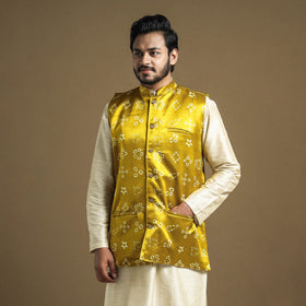 Yellow - hand printed mashru silk nehru jacket - handcrafted
