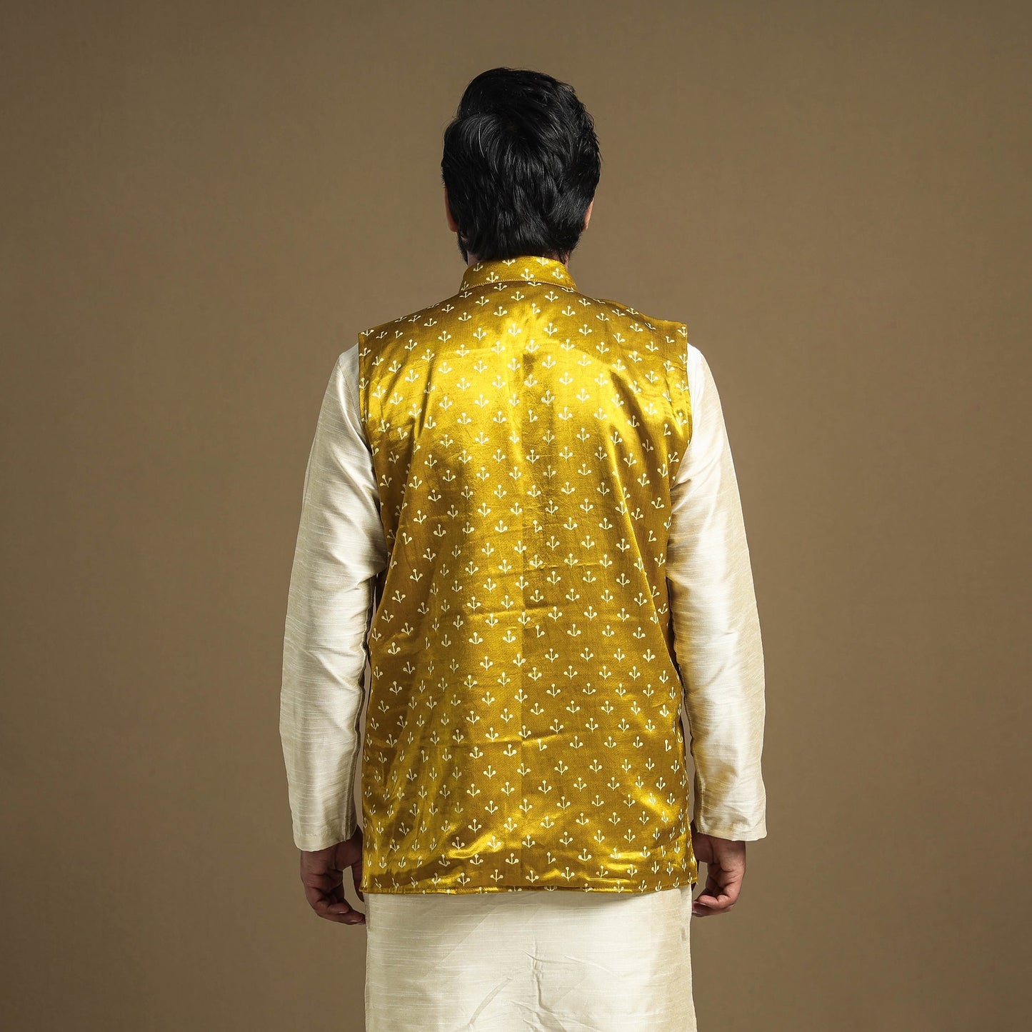 Yellow - hand printed mashru silk nehru jacket - handcrafted
