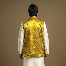 Yellow - hand printed mashru silk nehru jacket - handcrafted