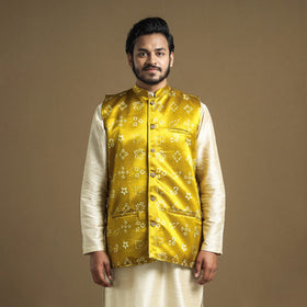 Yellow - hand printed mashru silk nehru jacket - handcrafted