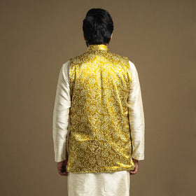 Yellow - hand printed mashru silk nehru jacket - handcrafted